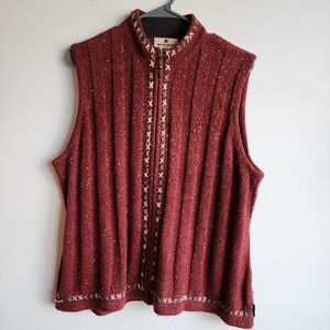 Woolrich Women’s XL Zip Up Sweater Vest Ruby Heather Knit Wool Blend Nordic Trim